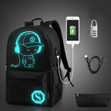 Spostyle Canvas School Backpack for Boys Girls College Anime Luminous Backpack 15.6 inch USB Lightweight Daypack Cartoon Bookbag Lunch Bag Pencil Case, Black/Gray