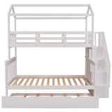 Gplesas Twin Over Full Wood Frame Bunk Bed With Storage Staircase,Bunk Bed With Trundle and Staircase,Kids House Bed With Roof,3 Piece Platform Beds,Children Floor Bed With Guard Rail White