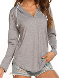 Pullover Hoodies Tops Long Sleeve for Women V Neck Drawstring Hooded Shirts Blouses Tunic Ladies Autumn Solid Color Sweatshirt S-XXXL
