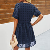 Women Solid Pom Pom V Neck Mini Dress Ruffle Short Sleeve Swing Dress Casual Summer Beach Sundress