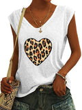 Lumento Womens Tops Summer V Neck Heart Print T Shirts Leopard Cap Sleeve Casual Blouse