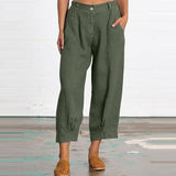 Women Cotton Linen Capri Mid Waist Palazzo Cropped Pants with Pockets Summer Solid Color Casual Loose Trousers