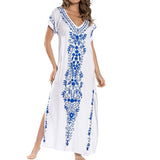 Lumento Women Embroidery Short Sleeve Bikini Cover Up Side Split Beach Kaftan Dress Swimsuit