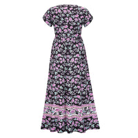 Lumento Women Floral Print Dress Summer V Neck Boho Dress Short Sleeve Long Maxi Dress