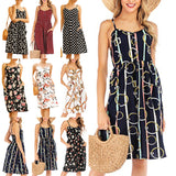 Women Backless Spaghetti Strap Dress Floral Print Pocket Summer Sexy Beach Dress