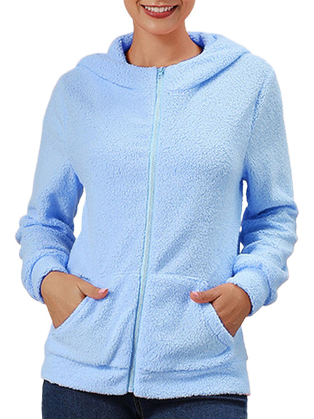 Womens Casual Winter Outwear Plush Open Front Full Zipper Coat Fluffy Fuzzy Fleece Hoodies Jackets With Pockets