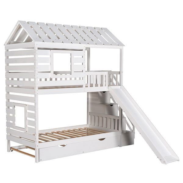 Gplesas Teens Adults Homes Gardens Wood Twin Over Twin Storage Staircase Heavy Duty Bunk Beds Frame With Trundle And Slide Roof Window Design