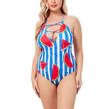 Women Plus Size One-piece Swimming Suit Halter Beachwear Bathing Suit Blue Stripe Watermelon Printed Swimwear