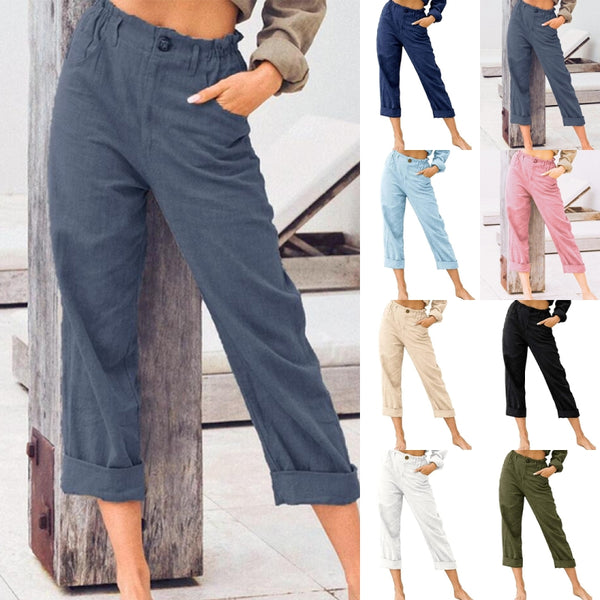 Ladies Loose Fit Solid Color Pants Womens Comfy Trousers Pocket Yoga Elastic Waist Casual Straight