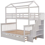 Goory Solid Wood Twin Over Full Bunk Bed With Roof,Kids House Bed With Guard Rail,Converts into 3 Separate Platform Beds,Children Floor Bed With Storage Staircase & Trundle  White