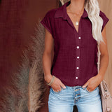 Women Solid Short Sleeve Shirt Lapel Blouse Baggy Loose Tunic Casual Tops Button-Down Cardigan