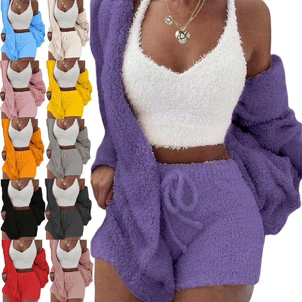 Womens Homewear Long Sleeve Casual Three-piece Jacket Vest Shorts Sports Suit