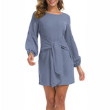 Women Solid Color Puff Sleeve Mini Dress Casual Loose Lace Up Pencil Tunic Dress