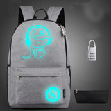 Spostyle Canvas School Backpack for Boys Girls College Anime Luminous Backpack 15.6 inch USB Lightweight Daypack Cartoon Bookbag Lunch Bag Pencil Case, Black/Gray