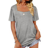 Women Loose Solid Color Ruched Tunic Short Sleeve Stripe T Shirts