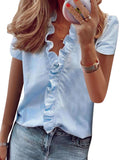 Women Ruffle Blouse Shirts Short Sleeve V-Neck Shirt Basic Summer Fashion Tops