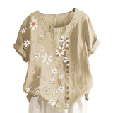 Women Crew Neck T-Shirt Daisy Printing Ruffles Short Sleeve Top Blouse Pullover