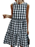 Women's Casual Ruffle Plaid Printed Midi Dress Sleeveless Swing Dress Sundress