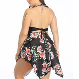 Women Plus Size Floral Swimdress Swimming Costumes Two Piece Swimwear Swimsuit for Ladies, Halterneck Bathing Suit Beachwear Push Up Padded Bra Backless Tummy Control