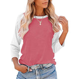 Women Color Matching Crew Neck 3/4 Sleeve T-Shirt Pullover Blouse Tops Tunic Tee