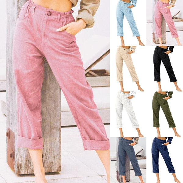 Ladies Loose Fit Solid Color Pants Womens Comfy Trousers Pocket Yoga Elastic Waist Casual Straight
