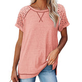 Women Solid Hollow Crew Neck Tops Short Sleeve T-Shirt Casual Pullover Loose Blouse Summer Tee Shirt Side Slit