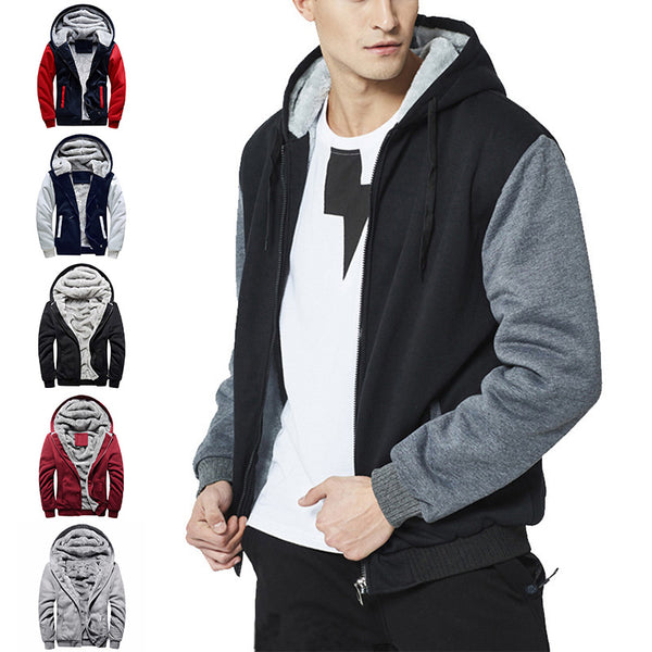 Mens Zipper Up Fleece Lined Sweatshirt Color Block Drawstring Hoodie Long Sleeve Hooded Jacket