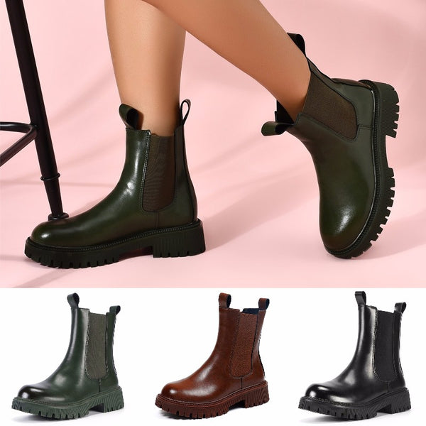 Ladies Ankle Boots Solid Color Slip On Boots Platform Round Toe Casual Boots