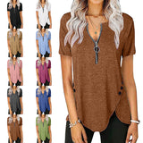 Women Summer Top V Neck Split Zippers Shirt Solid Color Summer Basic Tee Tops