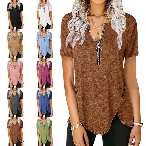 Women Summer Top V Neck Split Zippers Shirt Solid Color Summer Basic Tee Tops