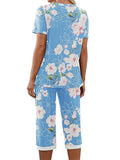 Women Floral Pajama Set Sleepwear Tops with Capri Pants Outfits Ladies Summer Comfy Sleep Nightshirt PJS Set