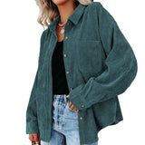 Women's Solid Color Lapel Long Corduroy Sleeve T-Shirt Pullover Blouse Tops Tee