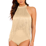 Womens Fringe Trim Sleeveless Bodycon Halter Bodysuit Top