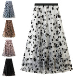 Women Mesh Embroidered A-Line Skirt Summer Casual Chic Elastic High Waist Maxi Skirt
