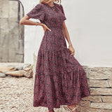 Lumento Women Summer Floral Print Dress Casual Boho Short Sleeve Ruffle Tiered Dress Swing Maxi Dress
