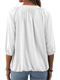 Women Solid Color Crew Neck Ruched 3/4 Sleeve Tops T-Shirt Blouse Pullover Tee