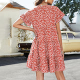 Ladies Floral Print Ruffle Dress Short Sleeve Summer Round Neck Loose Mini Dress