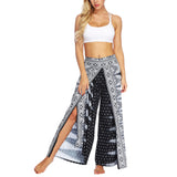 Women's Bohemia Yoga Pants Baggy Loose Split Wide Leg Long Trousers Flower Decor