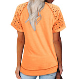 Women Solid Hollow Crew Neck Tops Short Sleeve T-Shirt Casual Pullover Loose Blouse Summer Tee Shirt Side Slit
