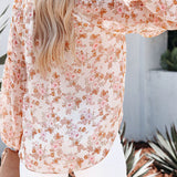 Ladies V-neck Floral Blouse Women's Lantern Long Sleeves Loose Fit Tops Shirts