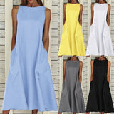 Women's Midi Dress Solid Color Vest 2 Pockets Long Tops Dresses Summer Sundress