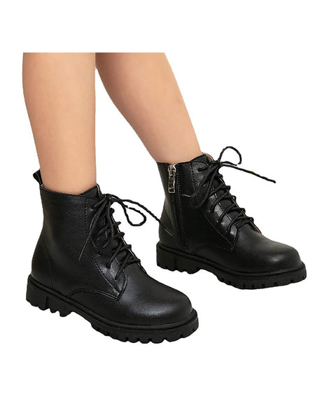 Ferndule Girls Waterproof Outdoor Lace-Up Combat Boots with Side Zipper for Kids Black 8C