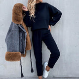 Solid Color Women's Long Sleeves Jumper Tracksuit Set Casual 2-Piece Lounge Wear