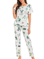 Womens Sleepwear Pant Set Cute Print Juniors Girl Short Sleeve Loungewear Pajamas Casual Loose 2 Piece Summer Outfits