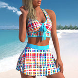 Women Sexy Swimwear V Neck Sleeveless Skirt Set Bow Tie Casual Bathing Suit High Waist Backless Swimdress Ruffle Hem Holiday Summer
