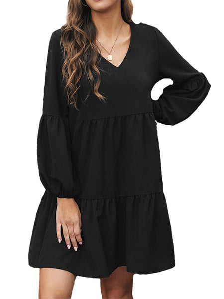 Women's Leopard Printed Mini Dress Ruffled Loose Fit V Neck Long Sleeve Pullover