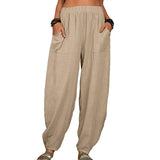 Women Solid Color Loose Cotton Linen Casual Pants Wide Leg Trouser with Pockets