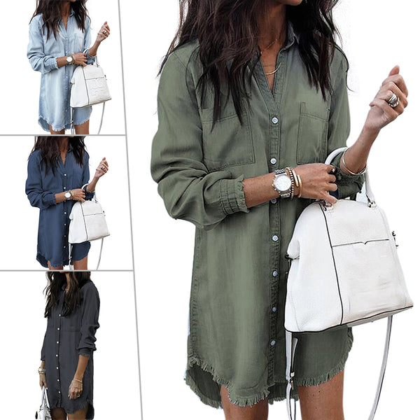 Plus Size Women Fashion Long Sleeve Shirt Dress Casual Denim Dresses Party Office Wear