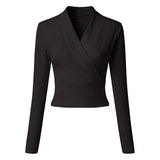 Women's Solid Color V Neck T-shirt Autumn Long Sleeve Pullover Knitted Slim Tops