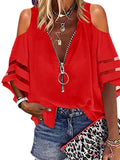Lumento Women Zip Up V Neck Blouse Bell Sleeve Casual Shirts Sexy Cold Shoulder Tops